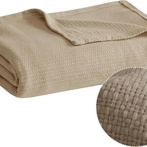 King Freshspun Basketweave Cotton Bed Blanket Taupe: Madison Park NWT